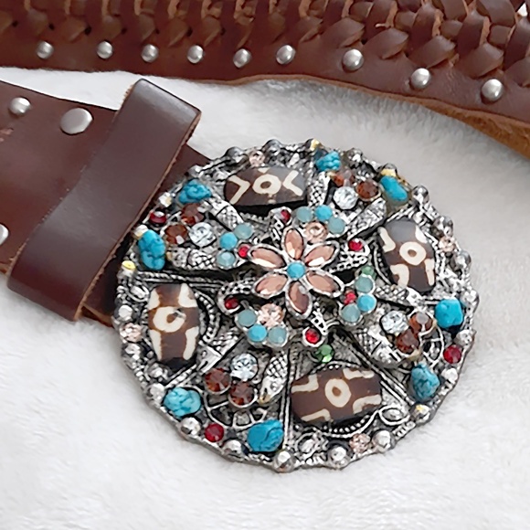 Leatherock Bejeweled Buckle Braided Leather Belt - Picture 3 of 5